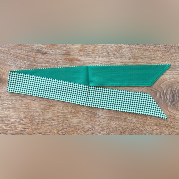 Green Gingham Ribbon Bag Scarf for bags, hair, neck, hats. - Picture 5 of 7